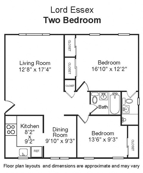 Floor plan for 2 beds, 2 baths